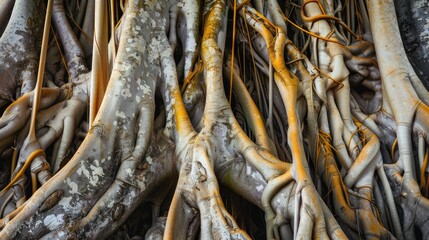 Close up view of the roots of a banyan tree