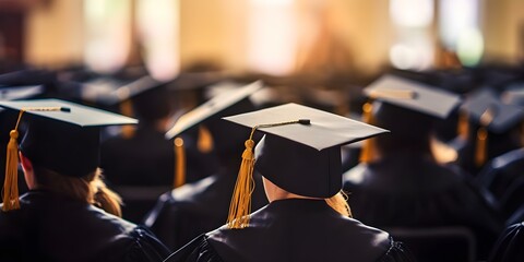 College graduates in caps and gowns at graduation ceremony. Concept Congratulations, Ceremony, Graduation Day, Cap and Gown, Academic Achievement