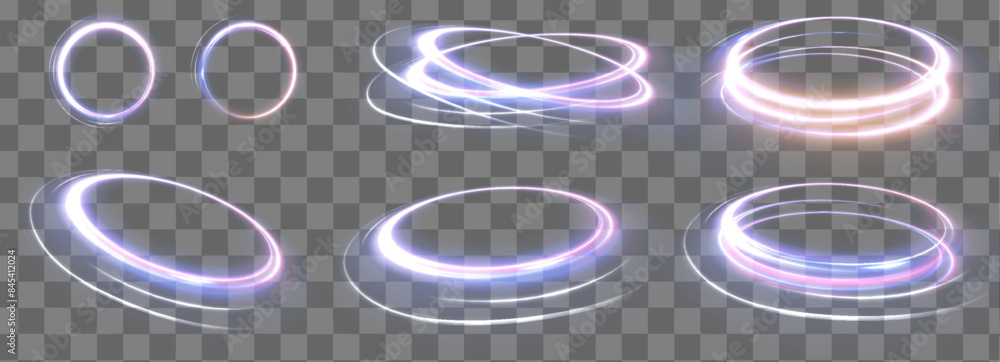 Poster Set of neon blurry light circles at motion . Vector swirl trail effect. Abstract vector fire circles, sparkling swirls and energy light spiral frames.	