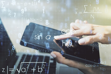Creative scientific formula illustration with finger presses on a digital tablet on background, science and research concept. Multiexposure