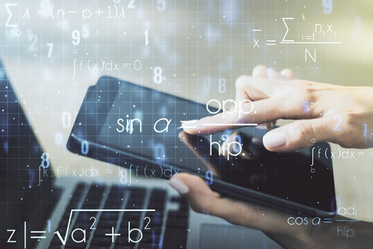 Creative scientific formula illustration with finger presses on a digital tablet on background, science and research concept. Multiexposure