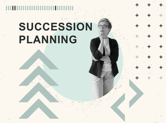 Succession planning concept. Collage with a thoughtful businesswoman.