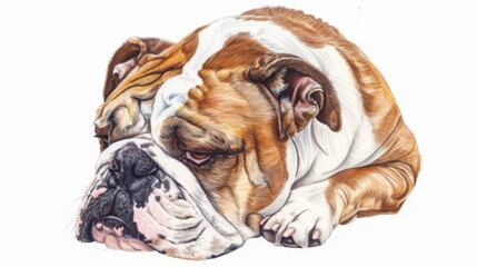 Coloured drawing of a tired or bored bulldog, He's lying down, a pet thats a disinterested dog