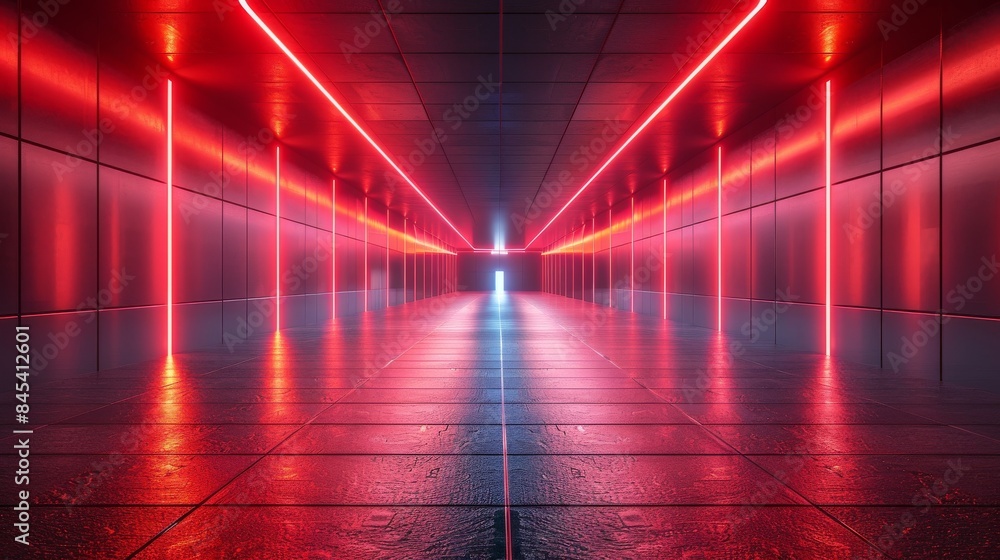 Poster a dynamic image featuring a corridor with intense red neon lights creating a powerful visual contras