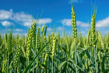 Green field with wheat ears on blue sky background
