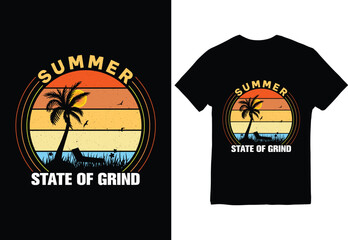 A vibrant summer t-shirt design featuring a sunset beach  