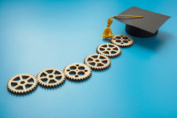 Gears and graduation cap. Education and upskilling concept.