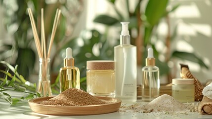 In this captivating image, a variety of body care products are elegantly arranged