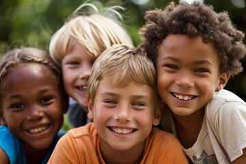 Portrait of a group of kids smiling at camera in the park