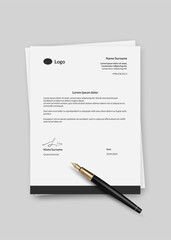 Black ink nib pen, signing an official contract or document in a business or legal context. Ideal for finance, law, and office design, agreement and paperwork with simplicity and elegance. Not AI.