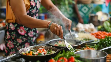 A visitor taking a cooking class in a foreign country, learning to make traditional summer dishes. 