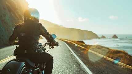 A solo traveler on a motorcycle journey along a coastal highway, with the ocean breeze in their hair. - Powered by Adobe