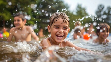 Fototapeta premium In this cinematic masterpiece, happy kids are depicted playing gleefully in the lake
