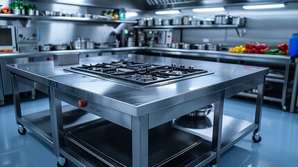 Image showcases a professional modern commercial kitchen with stainless steel gas stovetop islands