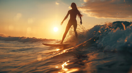 Silhouette woman surfing in sea or ocean at sunset or sunrise. Female surfer silhouette on surfboard practicing extreme sport on sea wave at sundown. Extreme sport and vacation concept. Generative AI