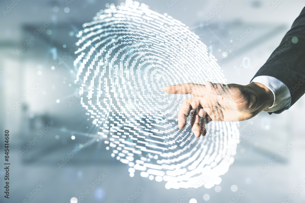 Fototapete Multi exposure of programmer's hand working with virtual abstract fingerprint illustration on blurred office background, digital access concept