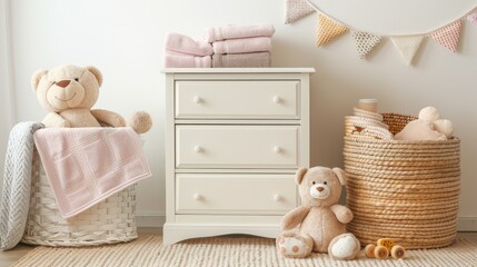 Fototapeta premium a white chest of drawers topped with pink and beige towels, a cute teddy bear, a wooden basket filled with toys, and a polka dot fabric garland of triangular flags on the wall.