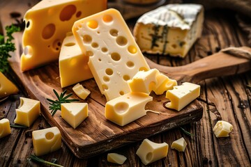 Different types of swiss cheese on a wooden background. Assortment of cheeses. Ai generative