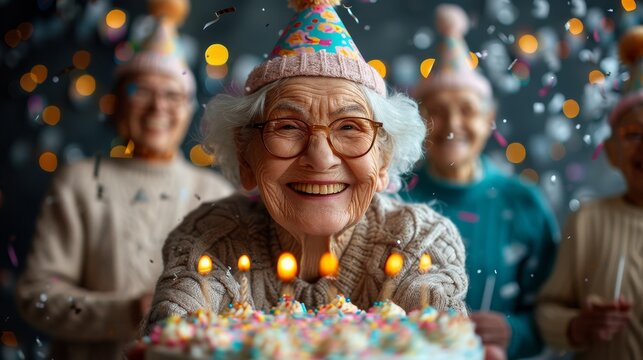 A senior woman with a beaming smile celebrating her birthday with a cake and candles