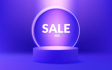 A futuristic 3D podium with purple neon lights. The pedestal creating a modern and realistic showcase. Perfect for Sale presentations, promotions, and product displays. Not AI.