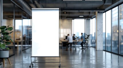 Innovative Product Showcase: Modern White Ad Board Mockup in Office Setting.White ad board mock up for product advertisement in office building.