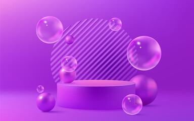 A modern 3D podium with neon purple soap bubbles on an abstract background. Realistic liquid spheres create a bright and colorful scene. Copy space available. Not AI.