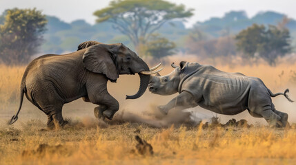 Fototapeta premium An African elephant locks tusks with a charging rhinoceros against a backdrop of golden grass in a scene of wildlife confrontation