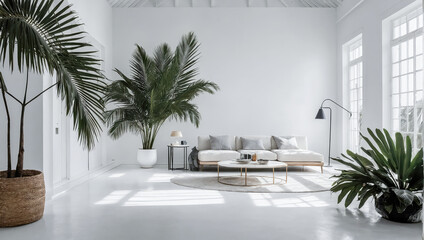 Creative layout of colorful palm leaves on a white background in the rays of the sun, with shadows. Minimal summer exotic concept with copy space