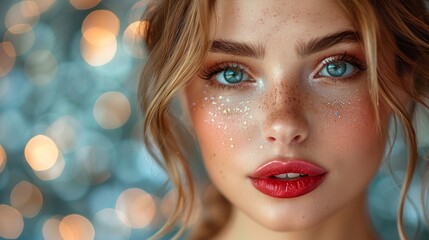 Ethereal portrait of a young woman with glistening makeup and red lipstick, projecting a dreamlike atmosphere
