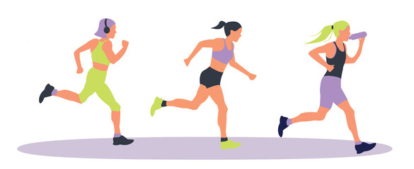 Sports young girls in flat style. Healthy lifestyle. Lose weight. Sports, running, training, jogging, marathon, city competitions, marathons, cardio training, physical exercise.