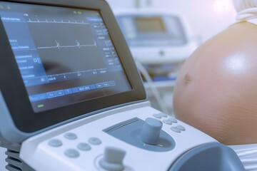 A close-up of an ultrasound procedure on a pregnant woman. The screen displays the baby, emphasizing the importance of prenatal care and maternal health services.