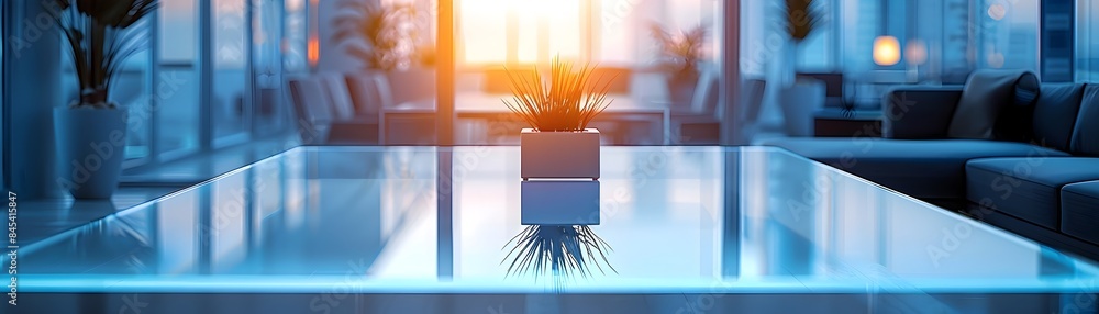 Poster backlit glass table in tech startup showcasing innovative products with empty copy space