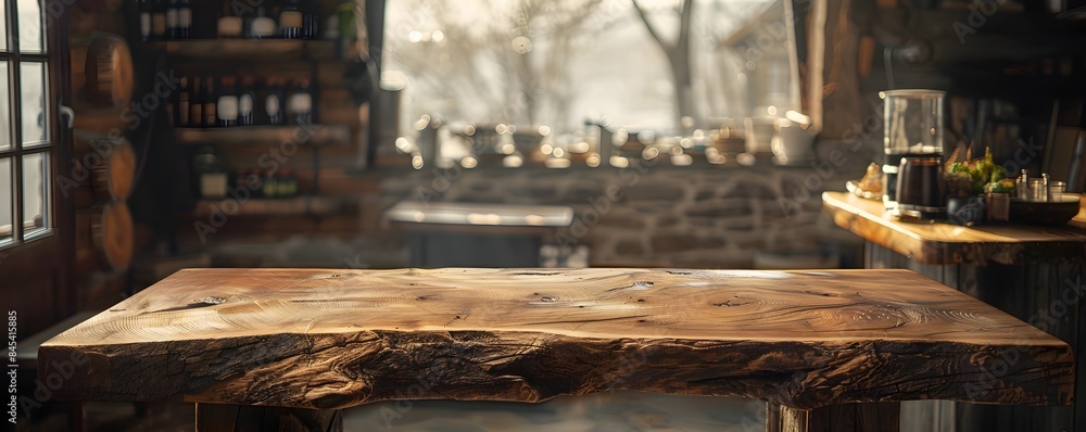 Poster rustic wood table in cozy lodge setting offers empty display space for products