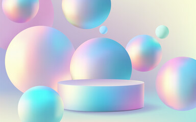 A futuristic 3D holographic podium with a neon blue sphere on an abstract background. Modern and minimalistic design with a touch of realism. Trendy and colorful element. Not AI.