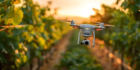 Utilizing Drones for Sustainable Agriculture Monitoring Crops, Spraying, and Managing Vineyards. Concept Drone Technology, Precision Agriculture, Crop Monitoring, Sustainable Practices