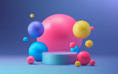 A modern 3D podium with colorful neon balls on a vibrant background. The abstract design showcases products in a realistic and eye catching manner. Perfect for presentations and promotions. Not AI.