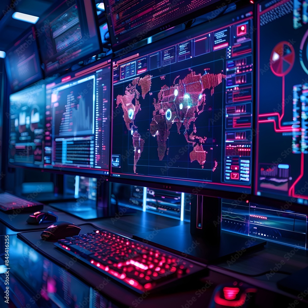 Aufkleber futuristic hacker s workspace with screens displaying digital data and maps