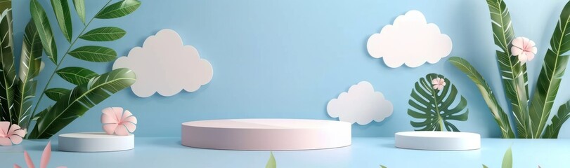 A celestial vista unfolds with 3D podiums set against a blue background adorned