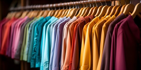 Colorful apparel displayed on a vibrant clothing rack in a boutique setting. Concept Fashion Display, Clothing Rack, Boutique Setting, Colorful Apparel, Retail Visual Merchandising