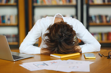 Young sad tired frustrated exhausted sleepy weary sad employee business woman wears white shirt...