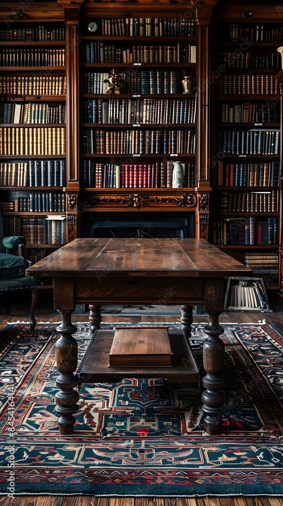 Poster antique oak table in vintage library setting for displaying historical artifacts and products
