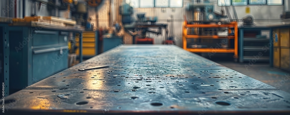 Poster empty industrial metal table in workshop for displaying products and tools