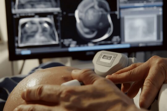 An ultrasound technician conducting an examination on a pregnant woman. The screen shows the baby, symbolizing the critical role of prenatal care in maternal and fetal health