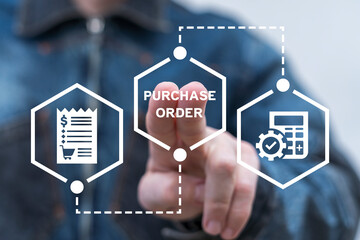Man using virtual touch screen presses inscription: PURCHASE ORDER. Purchase Order Form Payslip...