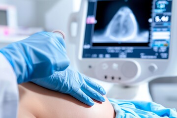 A healthcare professional performing an ultrasound on a pregnant woman. The monitor shows the baby’s image, highlighting prenatal care and maternal health services