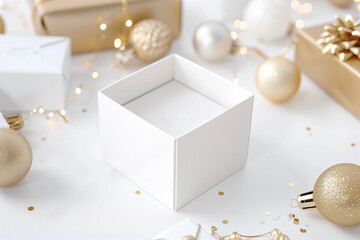 Flatlay Christmas white square open jewelry gift box empty POD product mock up table metallic gold baubles background lux modern chic accessory earrings necklace ring pendant package branding top