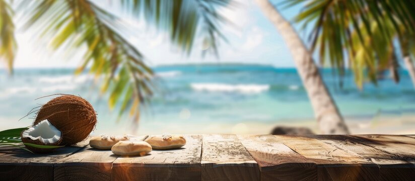 Wooden bar top with a view of a beautiful blurred beach backdrop and coconut leaf. Breakfast items showcased on a mockup during a sunny summer day outside. 