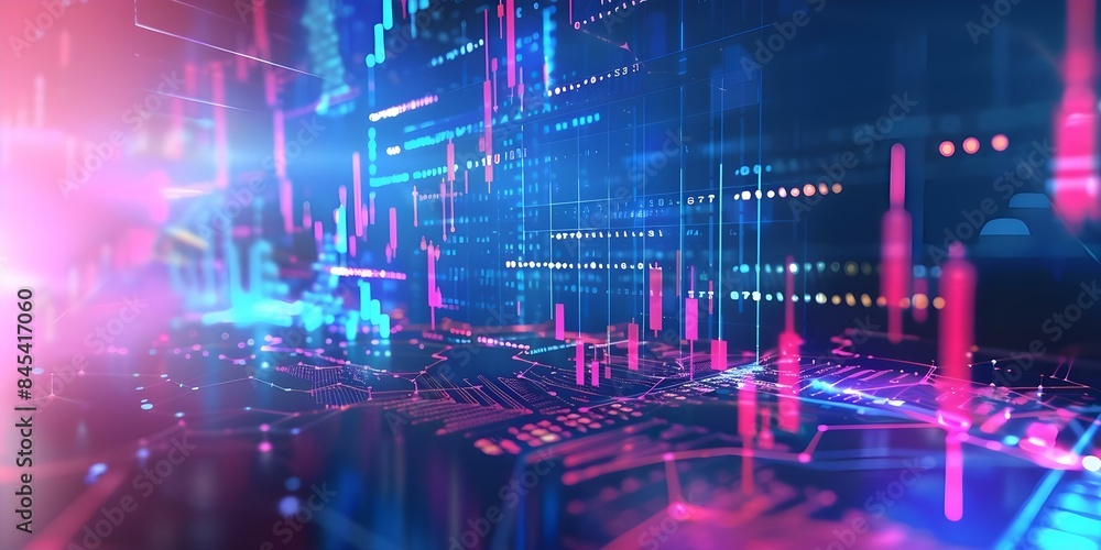 Poster futuristic blockchain hud background with dynamic polygon blocks and stock chart. concept futuristic