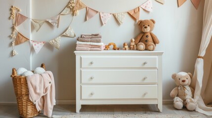 a white chest of drawers topped with pink and beige towels, a cute teddy bear, a wooden basket filled with toys, and a polka dot fabric garland of triangular flags on the wall.