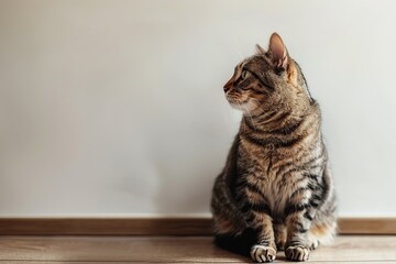 Cute cat sitting on floor near blank wall